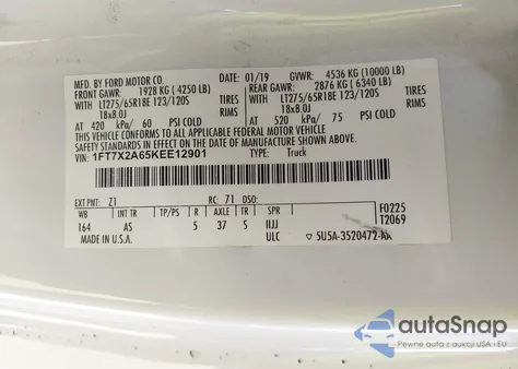 2019 Ford F-250 Xl from USA, damaged, VIN 1FT7X2A65KEE12901